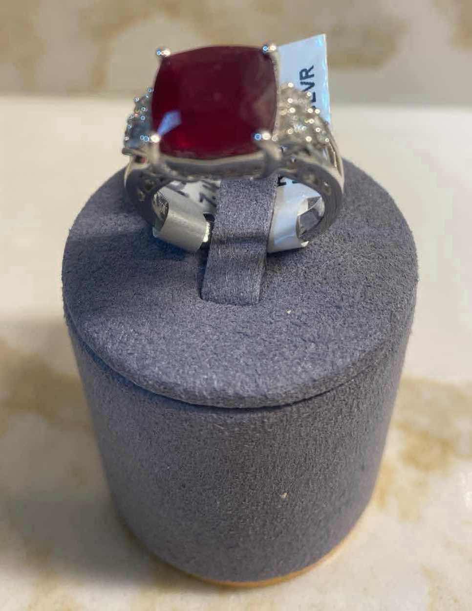 Photo 1 of 925 STERLING SILVER RING 7.4 gm W/RUBY CORUNDUM EST 9.39 ctw  CUSHION CUT WITH NATURAL DIAMOND ROUND BRILLIANT CUT EST .053ctw SIZE 6.5 GGA CERTIFIED APPRAISAL K53E3