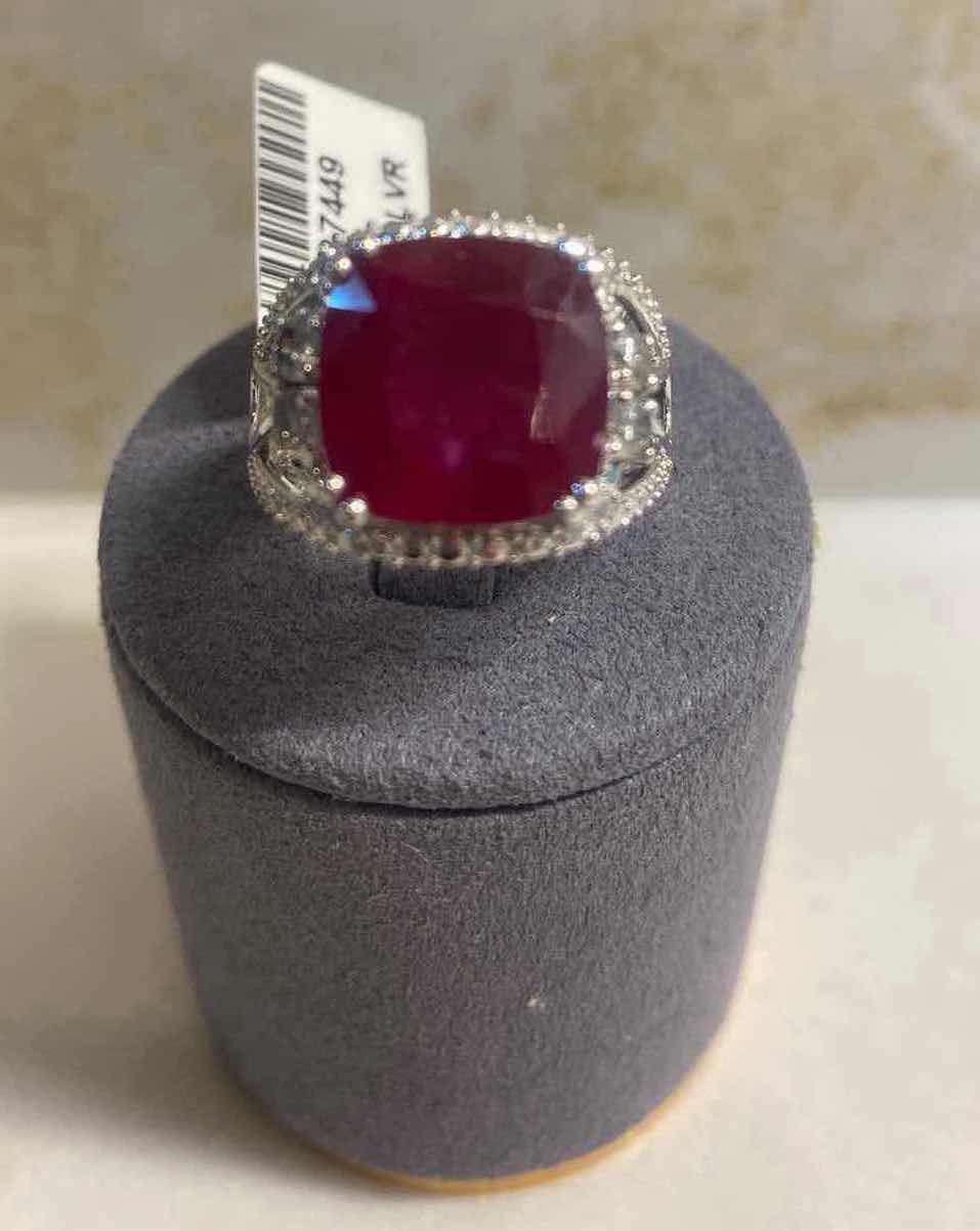 Photo 1 of 925 STERLING SILVER RING 7.7 gm W/RUBY CORUNDUM EST 12.21ctw  CUSHION CUT W/NATURAL DIAMOND ROUND  EST .40 ctw SIZE 6.5 GGA CERTIFIED APPRAISAL K47E5