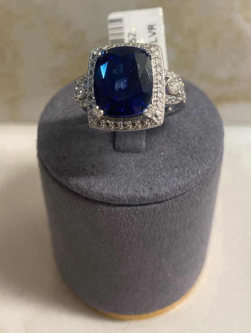 Photo 1 of 925 STERLING SILVER RING 6.3 gm W/ LAB CREATED SAPPHIRE CORUNDUM EST 8.23 ctw  CUSHION CUT W/NATURAL DIAMOND ROUND  EST .20 ctw SIZE 6.75 GGA CERTIFIED APPRAISAL K56E9