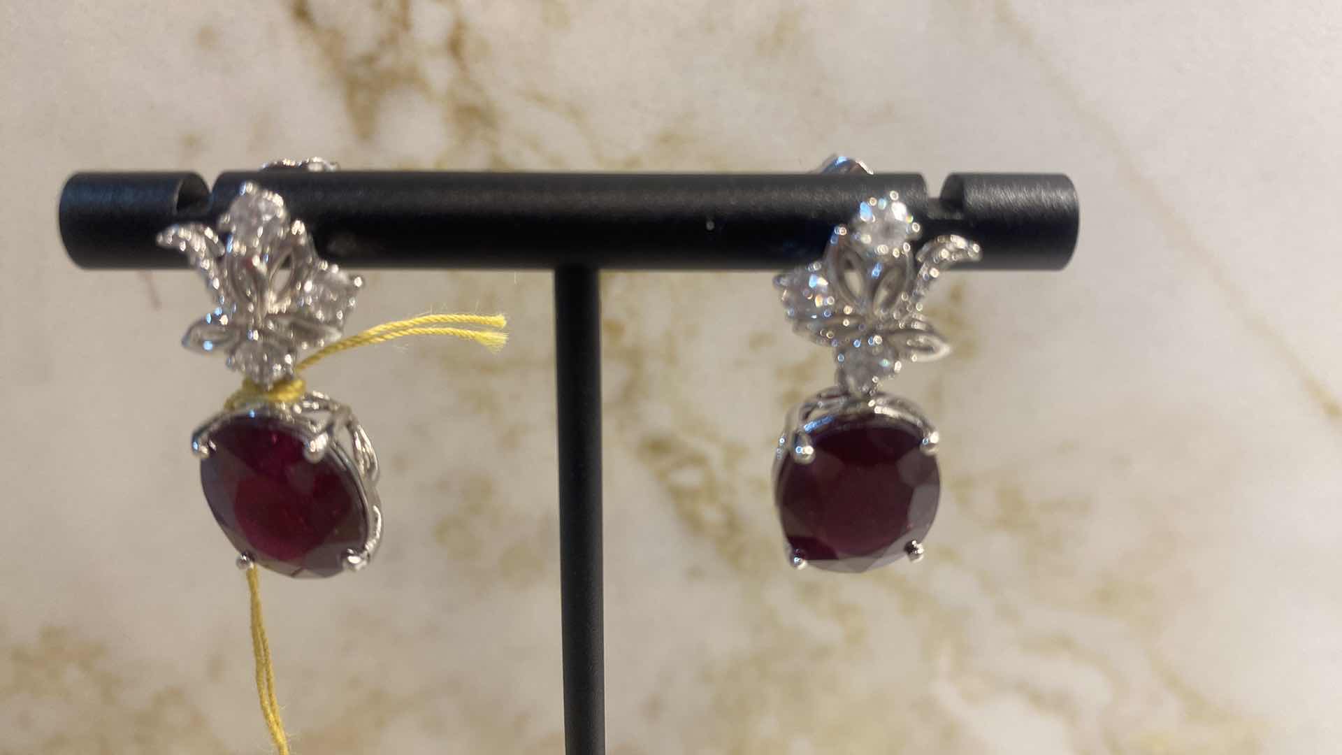 Photo 2 of 925 STERLING SILVER EARRINGS 6.2 gm W/RUBY CORUNDUM EST 13.49 ctw  OVAL W/NATURAL DIAMOND ROUND  EST .64 ctw GGA CERTIFIED APPRAISAL K62E3