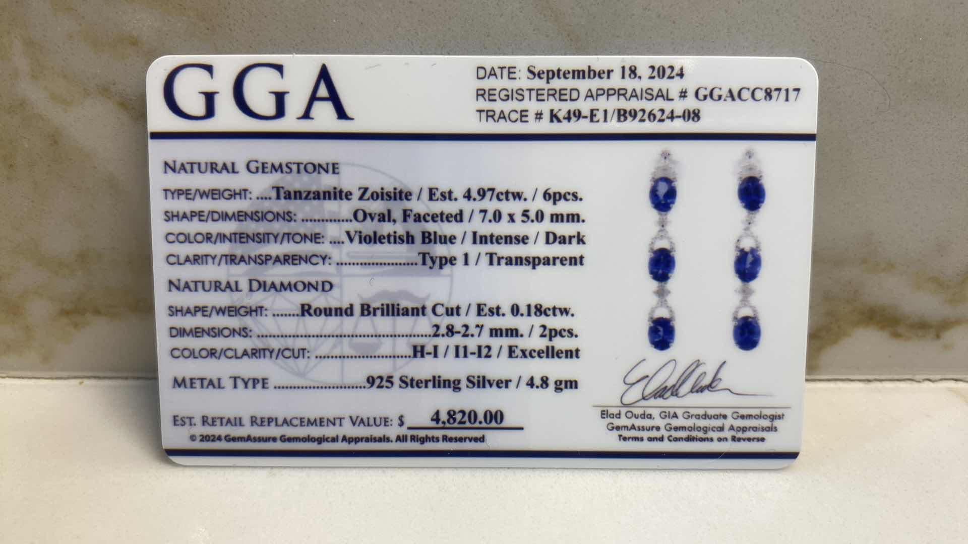 Photo 5 of 925 STERLING SILVER EARRINGS 4.8 gm W/TANZANITE ZOISITE EST 4.97 ctw  OVAL W/NATURAL DIAMOND ROUND  EST .18 ctw GGA CERTIFIED APPRAISAL K49E1