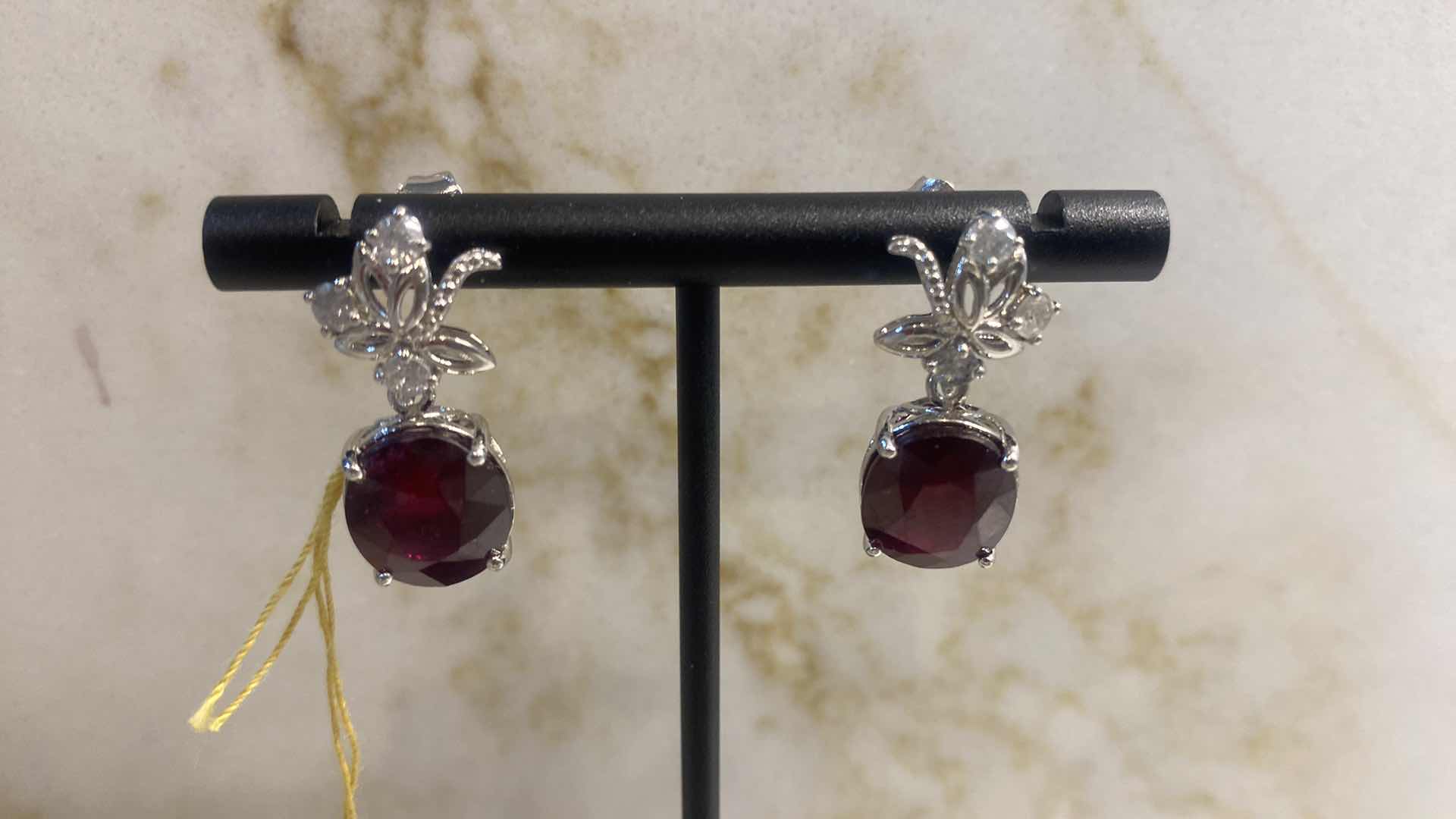 Photo 2 of 925 STERLING SILVER EARRINGS 6.0 gm W/RUBY CORUNDUM EST 13.49 ctw  OVAL W/NATURAL DIAMOND ROUND  EST .64 ctw GGA CERTIFIED APPRAISAL K62E5