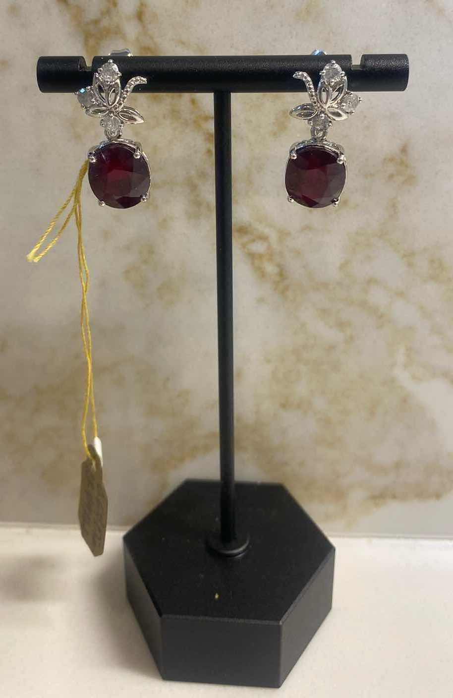 Photo 1 of 925 STERLING SILVER EARRINGS 6.0 gm W/RUBY CORUNDUM EST 13.49 ctw  OVAL W/NATURAL DIAMOND ROUND  EST .64 ctw GGA CERTIFIED APPRAISAL K62E5