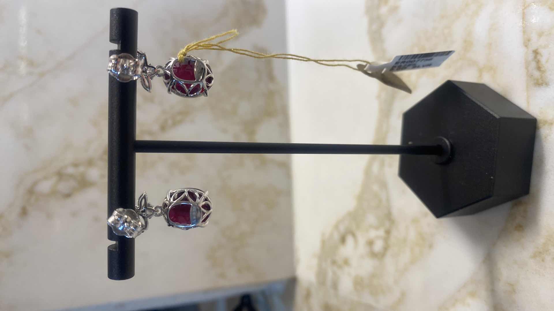 Photo 4 of 925 STERLING SILVER EARRINGS 6.0 gm W/RUBY CORUNDUM EST 13.49 ctw  OVAL W/NATURAL DIAMOND ROUND  EST .64 ctw GGA CERTIFIED APPRAISAL K62E5