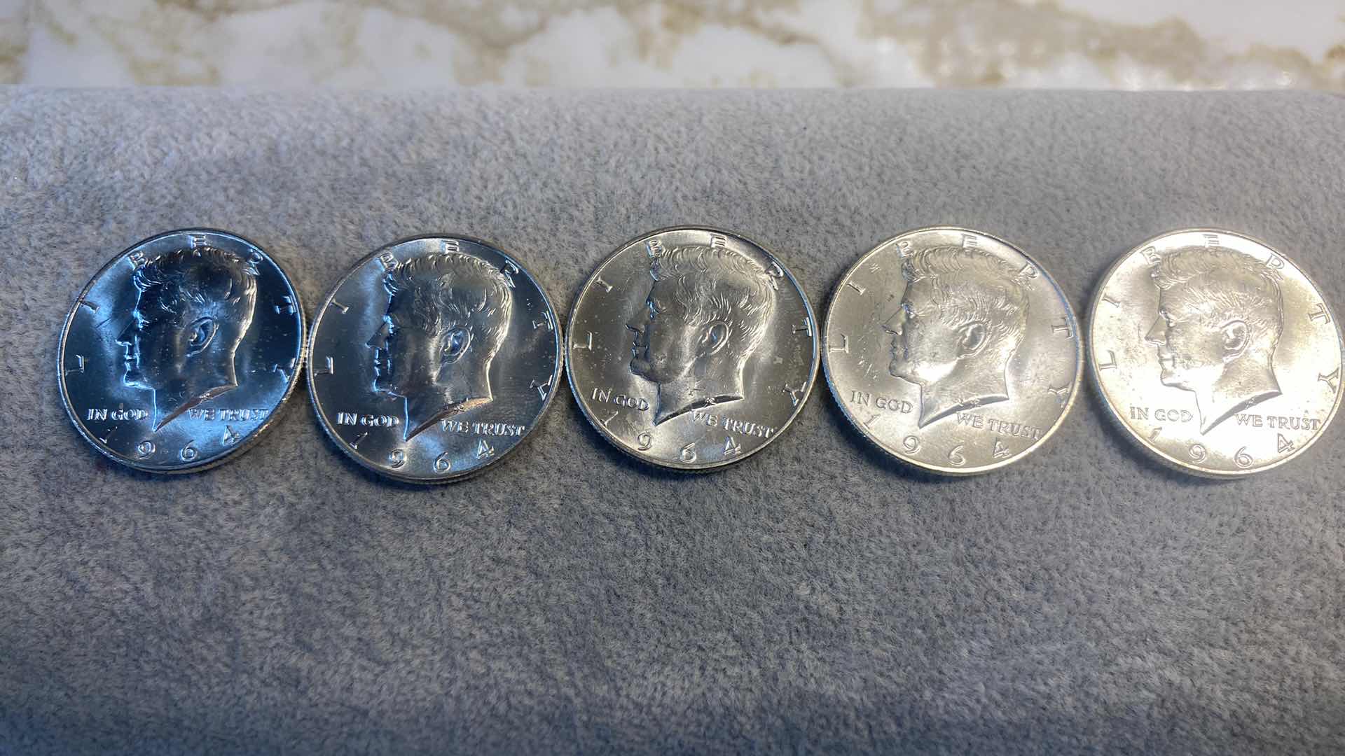 Photo 1 of 5-UNCIRCULATED 90% SILVER 1964 KENNEDY HALVES DOLLARS