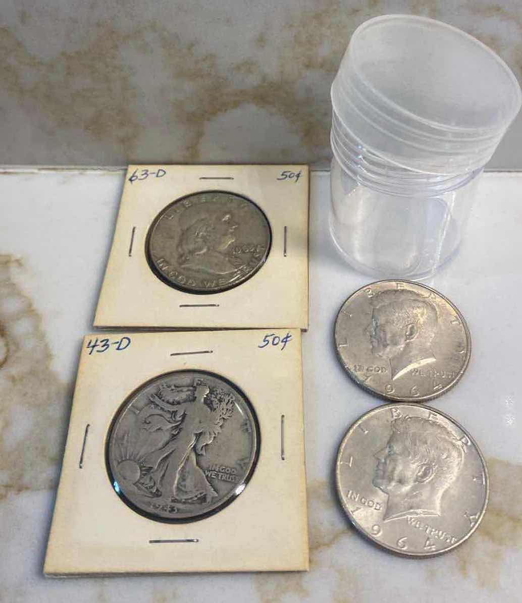 Photo 1 of 4-HALF DOLLARS 90% SILVER  1943 & 1963 IN CARDBOARD & 2 1964 KENNEDY IN PLASTIC TUBE