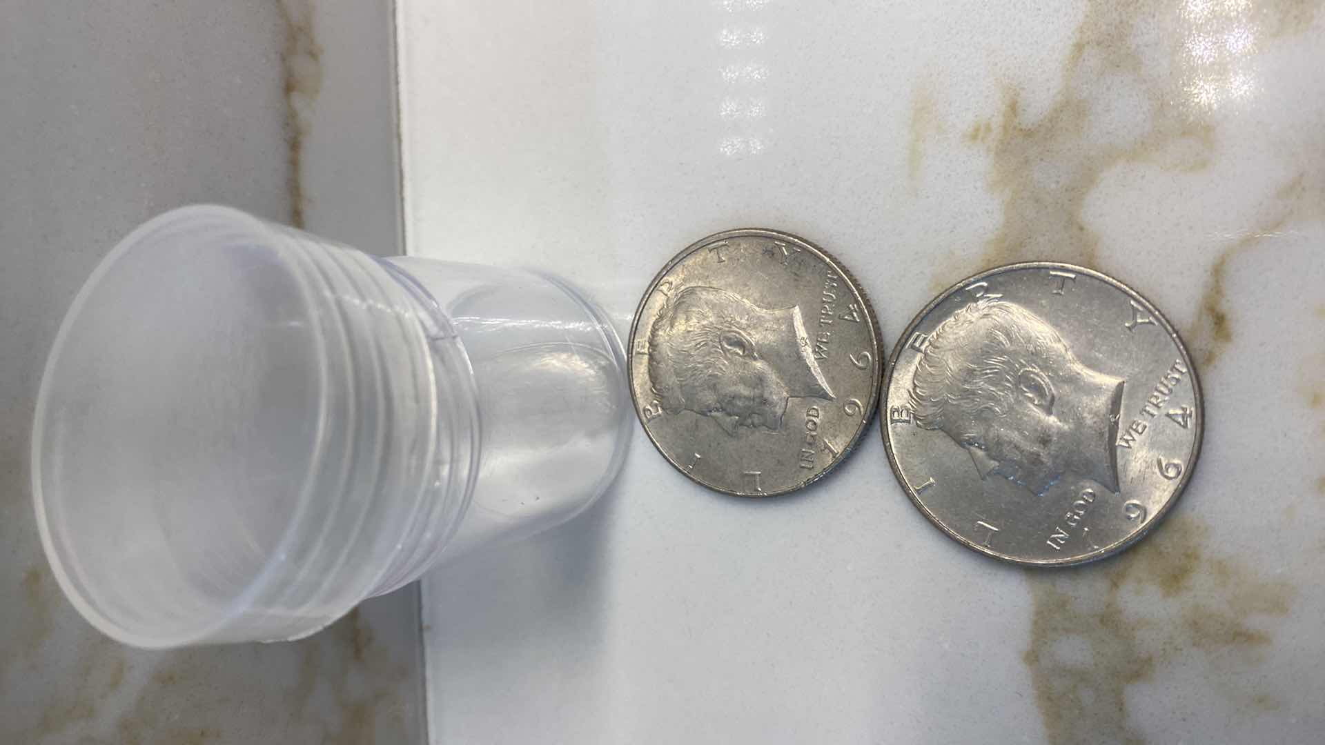 Photo 4 of 4-HALF DOLLARS 90% SILVER  1943 & 1963 IN CARDBOARD & 2 1964 KENNEDY IN PLASTIC TUBE