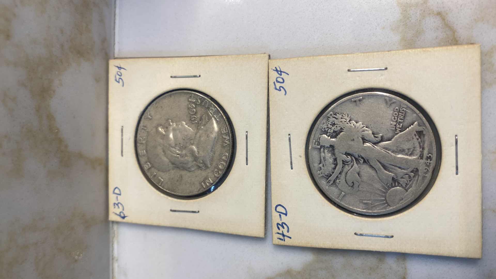 Photo 2 of 4-HALF DOLLARS 90% SILVER  1943 & 1963 IN CARDBOARD & 2 1964 KENNEDY IN PLASTIC TUBE