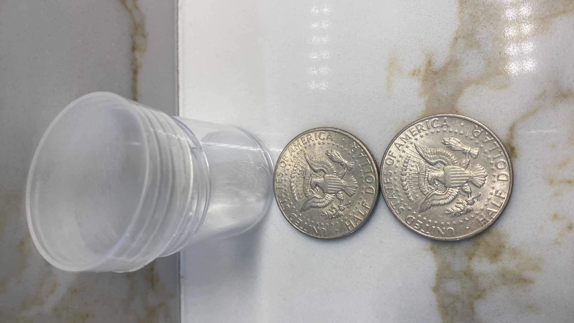 Photo 5 of 4-HALF DOLLARS 90% SILVER  1943 & 1963 IN CARDBOARD & 2 1964 KENNEDY IN PLASTIC TUBE