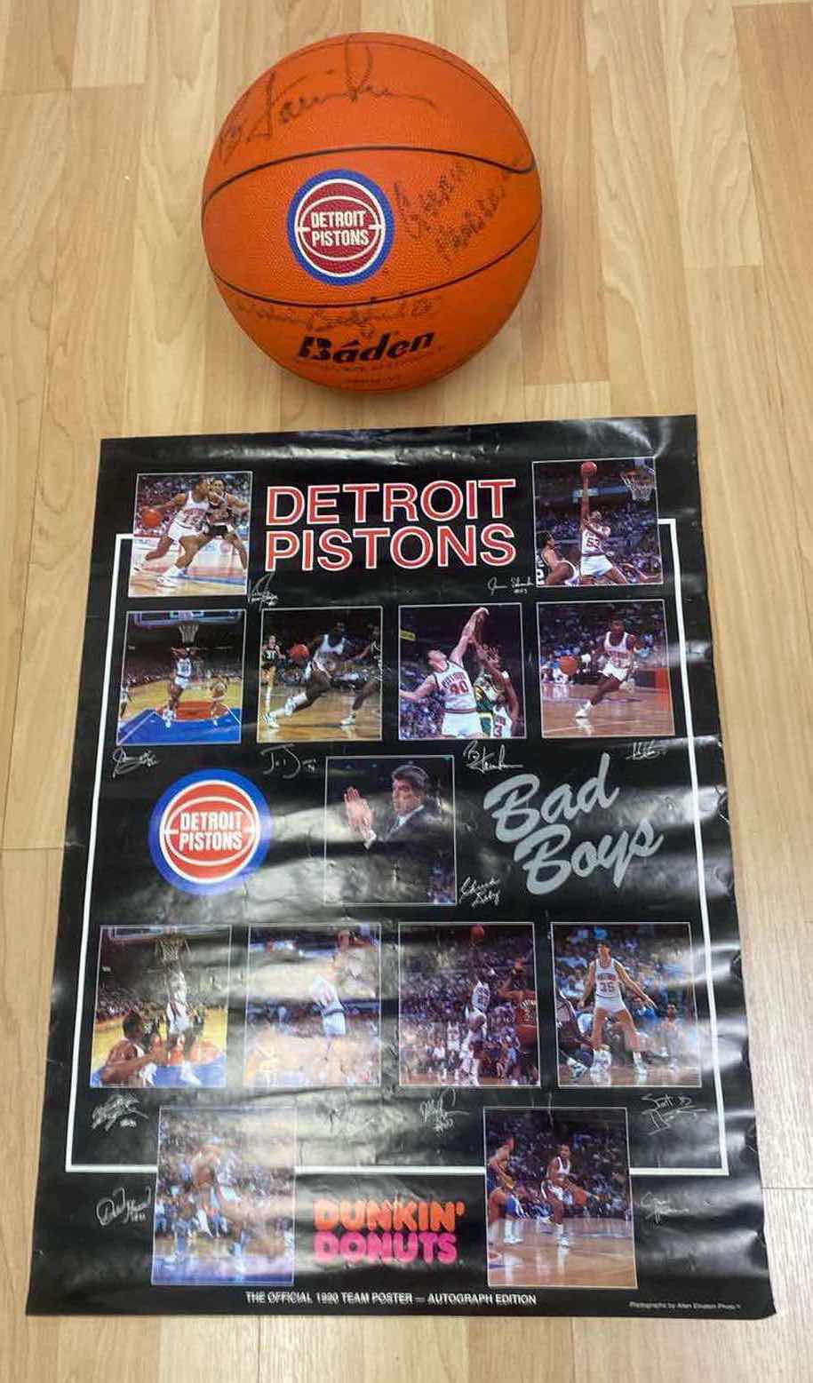 Photo 1 of DETROIT PISTONS AUTOGRAPHED BASKETBALL-WITH 1990 POSTER