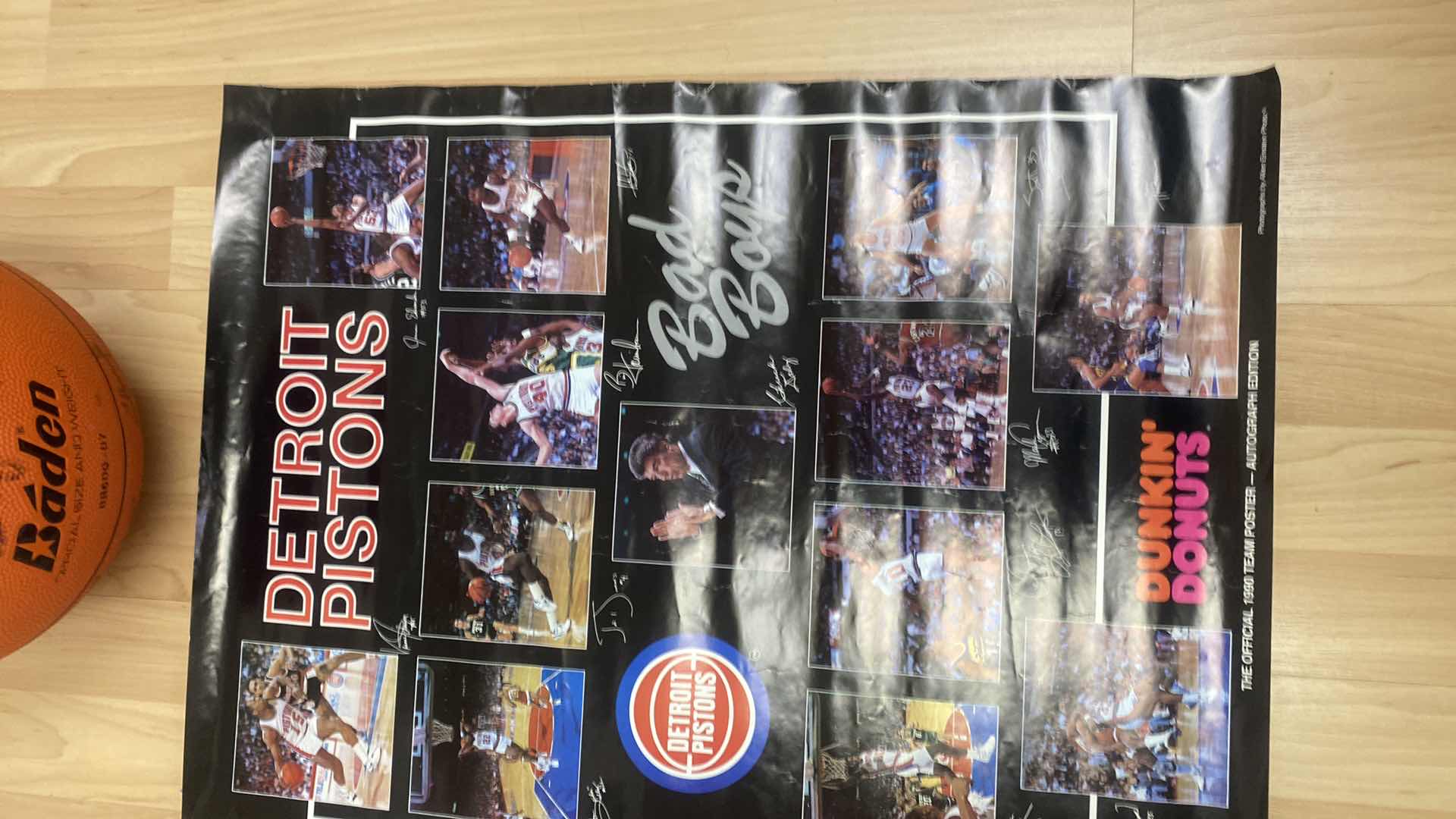 Photo 2 of DETROIT PISTONS AUTOGRAPHED BASKETBALL-WITH 1990 POSTER