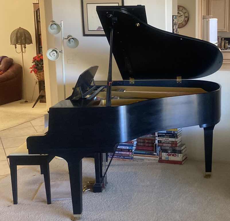 Photo 1 of YAMAHA BLACK LAQUER GRAND PIANO WITH BENCH FROM JAPAN 57” x 57” approximately