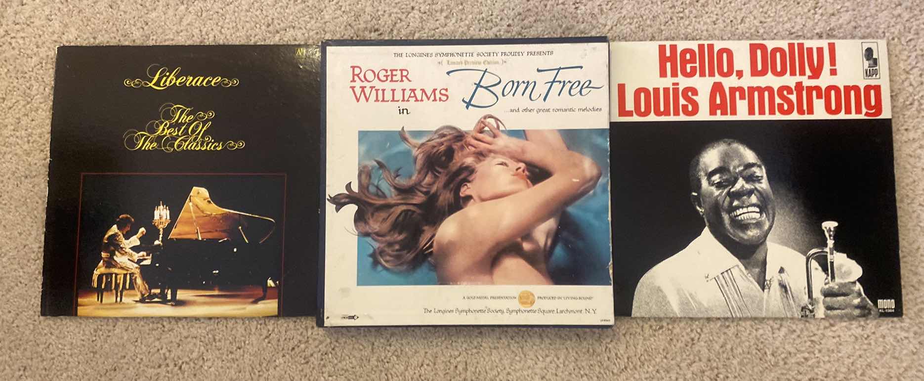 Photo 1 of  3 VINTAGE VINYL RECORDS-LIBERACE, BORN FREE BOXED SET & HELLO DOLLY LOUIE ARMSTRONG