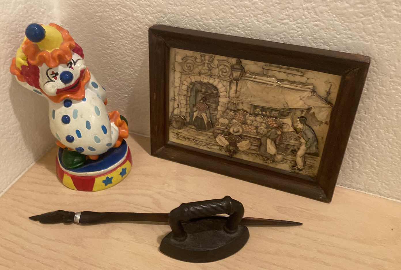 Photo 1 of 4- CLOWN BANK, SMALL IRON, CALLIGRAPHY PEN & FRAMED 3D FRUIT STAND ARTWORK 8” x 6”