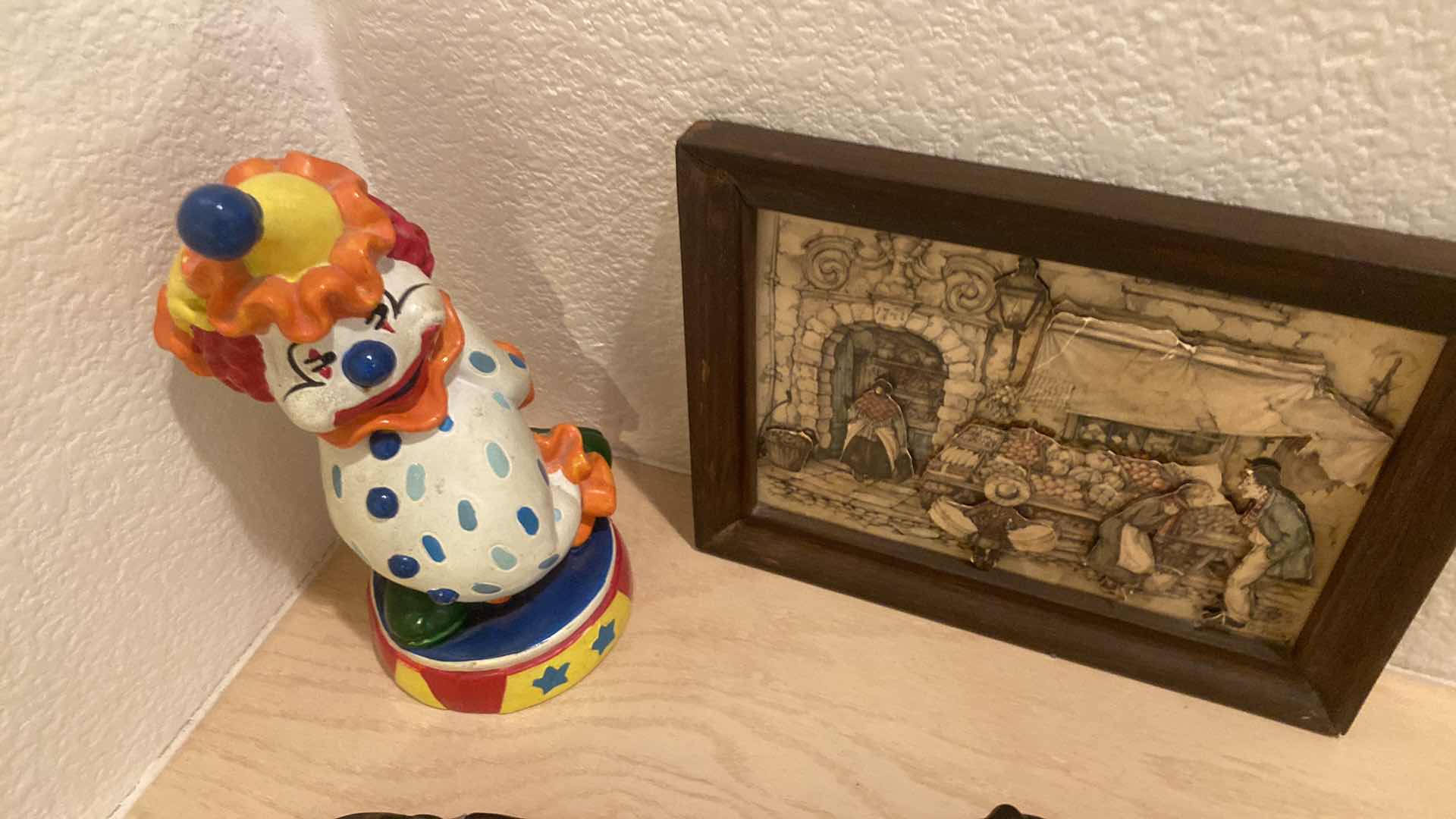 Photo 2 of 4- CLOWN BANK, SMALL IRON, CALLIGRAPHY PEN & FRAMED 3D FRUIT STAND ARTWORK 8” x 6”