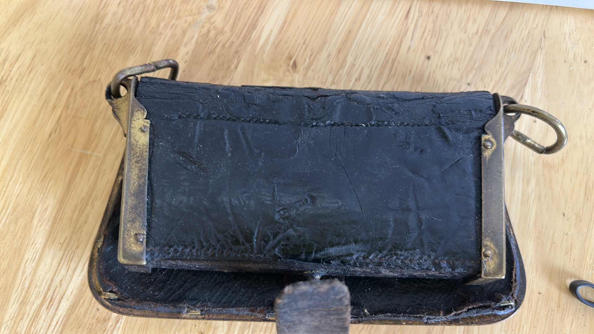 Photo 1 of ANTIQUE 19th CENTURY FRENCH ARTILLERY OFFICER’S CARTRIDGE BOX OR "coffret de giberne". MADE OF BLACK LEATHER AND BRASS