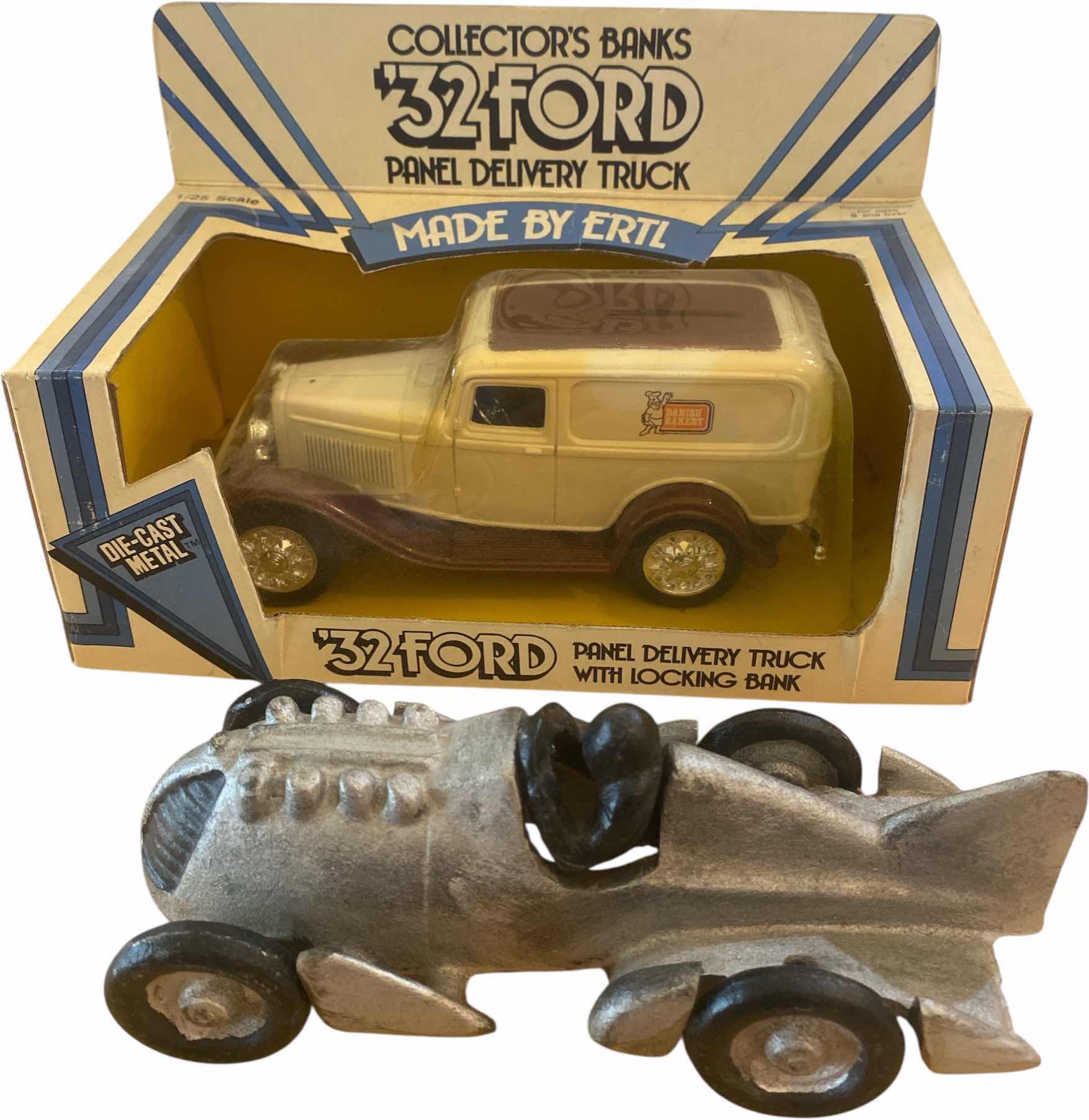 Photo 1 of HUBLEY CAST IRON BIAT TAIL RACE CAR 6 1/2” & ERTL ‘32 FORD PANEL DELIVERY TRUCK WITH LOCKING BANK 6”
