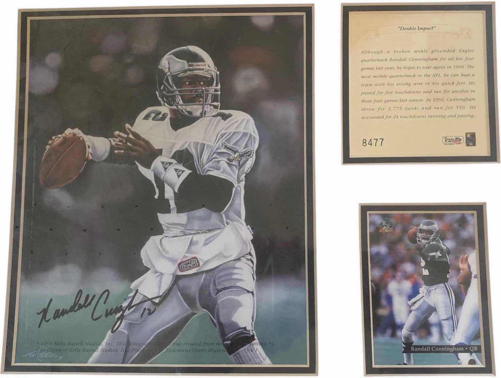 Photo 1 of PHILADELPHIA EAGLES QUARTERBACK RANDAL CUNNINGHAM TEAM NFL NUMBERED PHOTO WITH CARD 14” x 11”