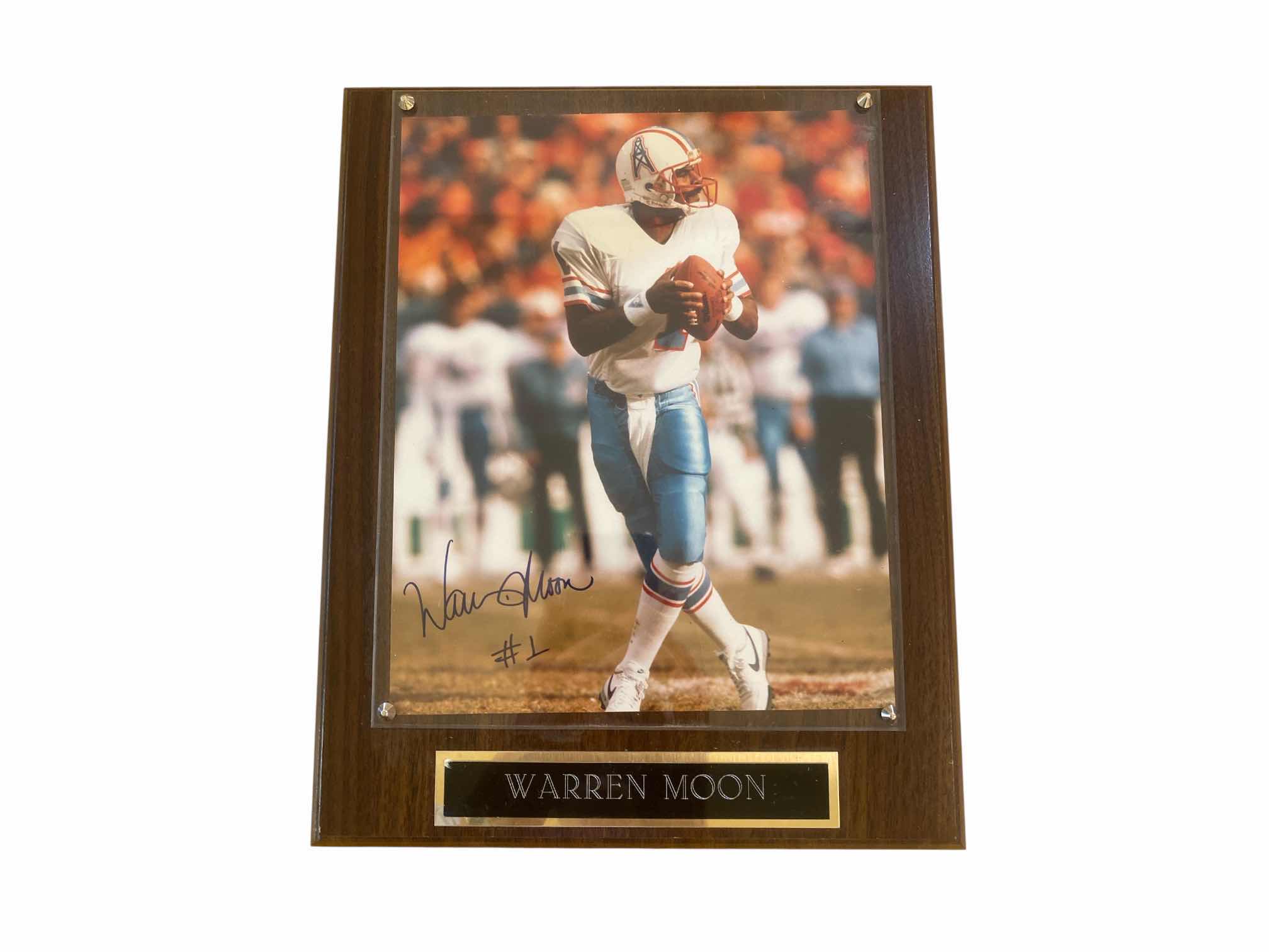 Photo 1 of HOUSTON OILERS WARREN MOON SIGNED PHOTOGRAPH IN PLAQUE 10 1/2” x 13”
