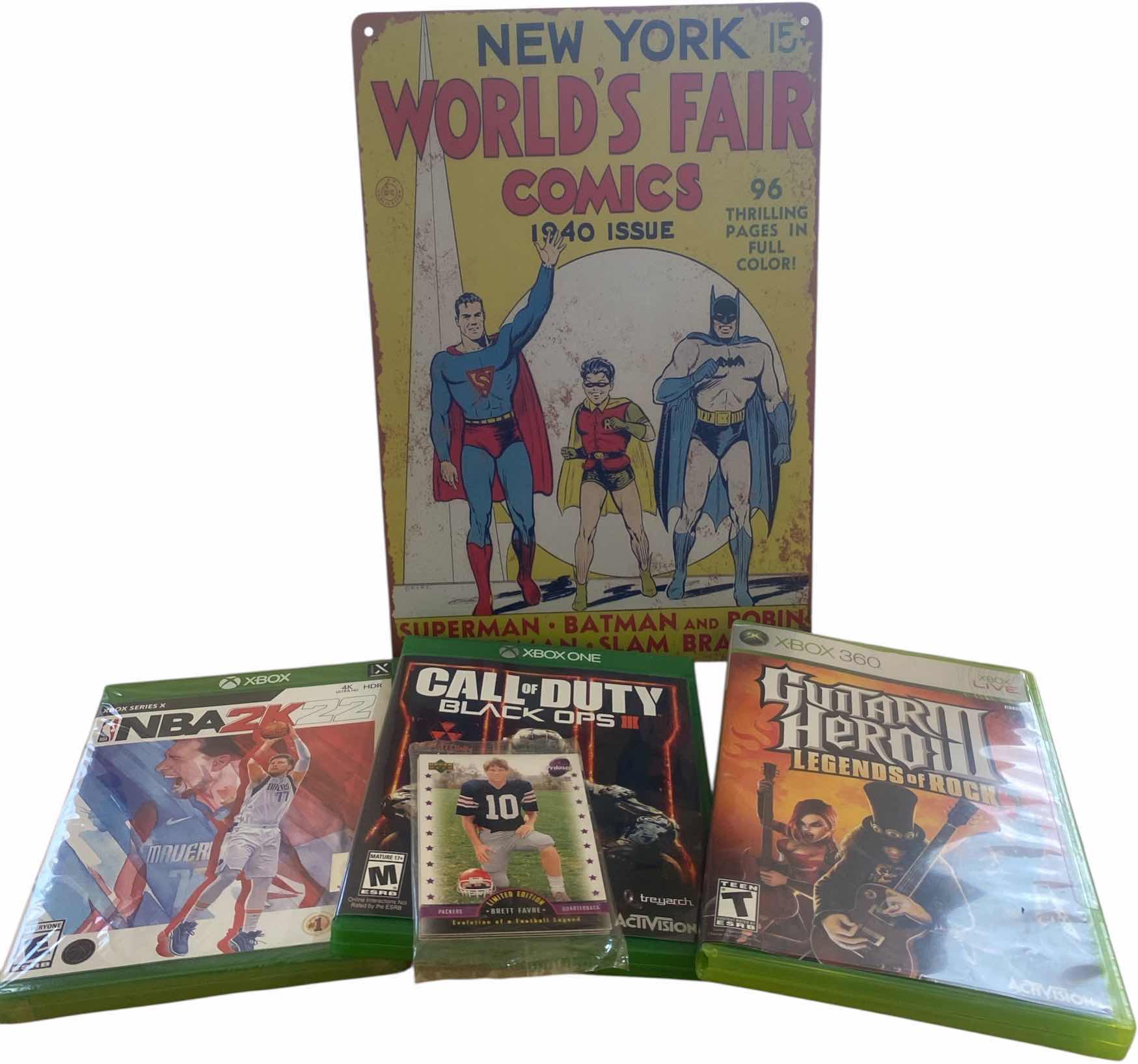Photo 1 of METAL COMICS SIGN  8” x 12” 3 XBOX GAMES & BRETT FAVRE TRADING CARDS