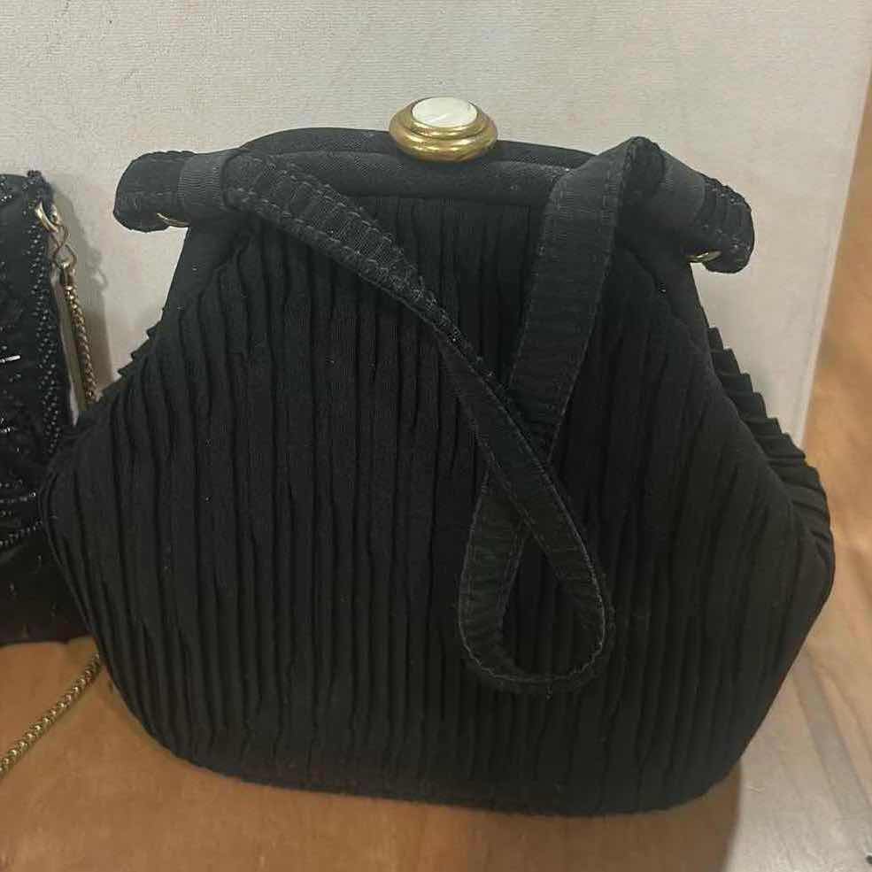 Photo 1 of VINTAGE 1930S ART DECO BLACK HANDBAG WITH DECORATIVE PLEATING & VINTAGE BLACK BEADED CLUTCH