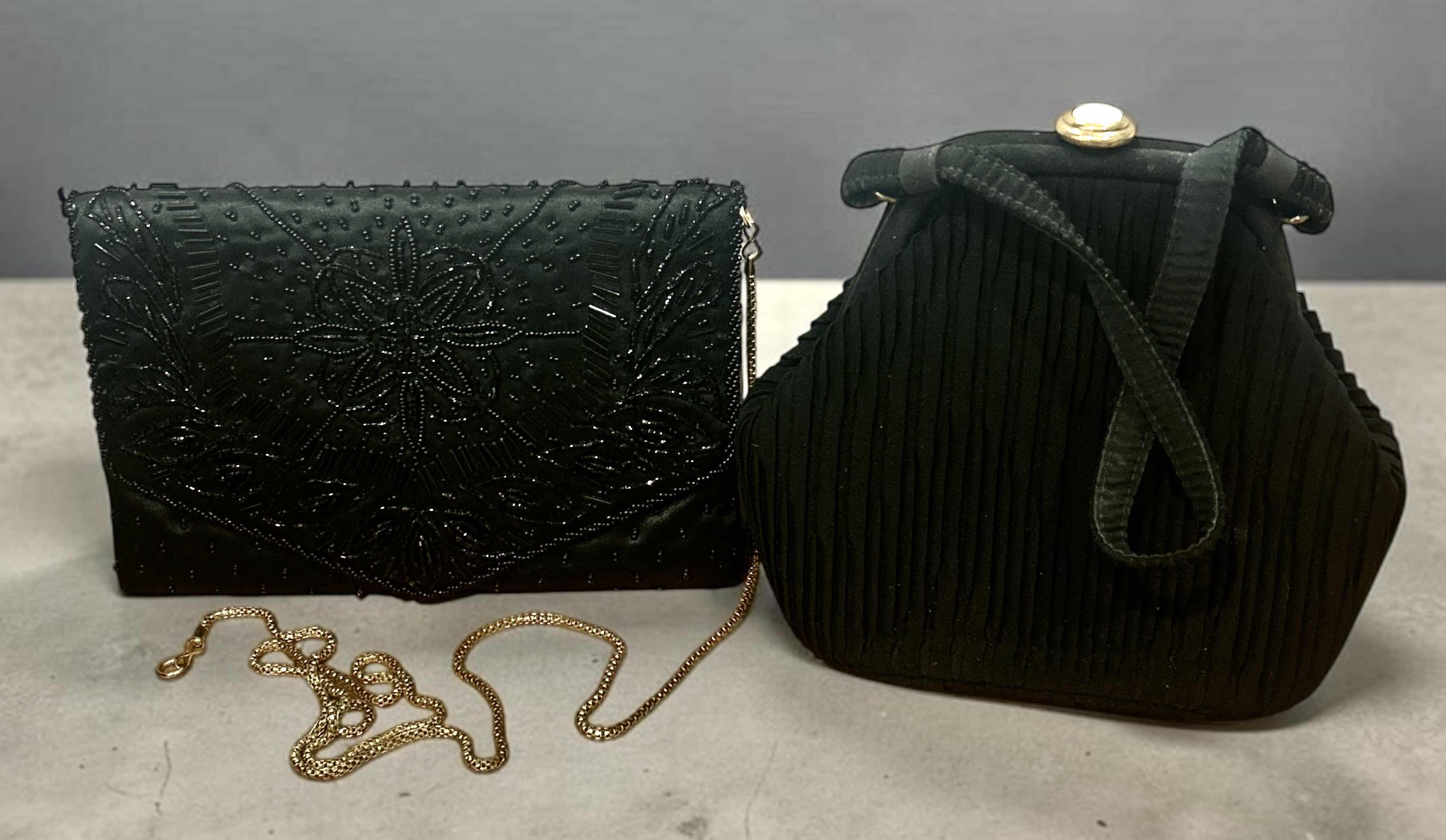 Photo 1 of VINTAGE 1930S ART DECO BLACK HANDBAG WITH DECORATIVE PLEATING & VINTAGE BLACK BEADED CLUTCH