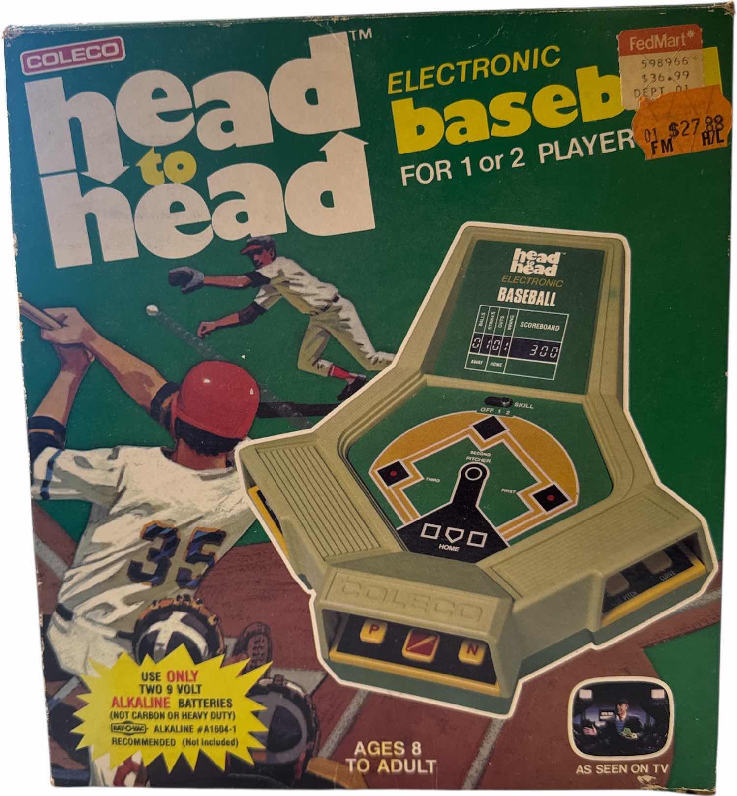 Photo 1 of VINTAGE COLECO HEAD TO HEAD ELECTRONIC BASEBALL FOR 1 OR 2 PLAYERS, NO. 218
BOX SIZE
9” X 3.25” X H10”