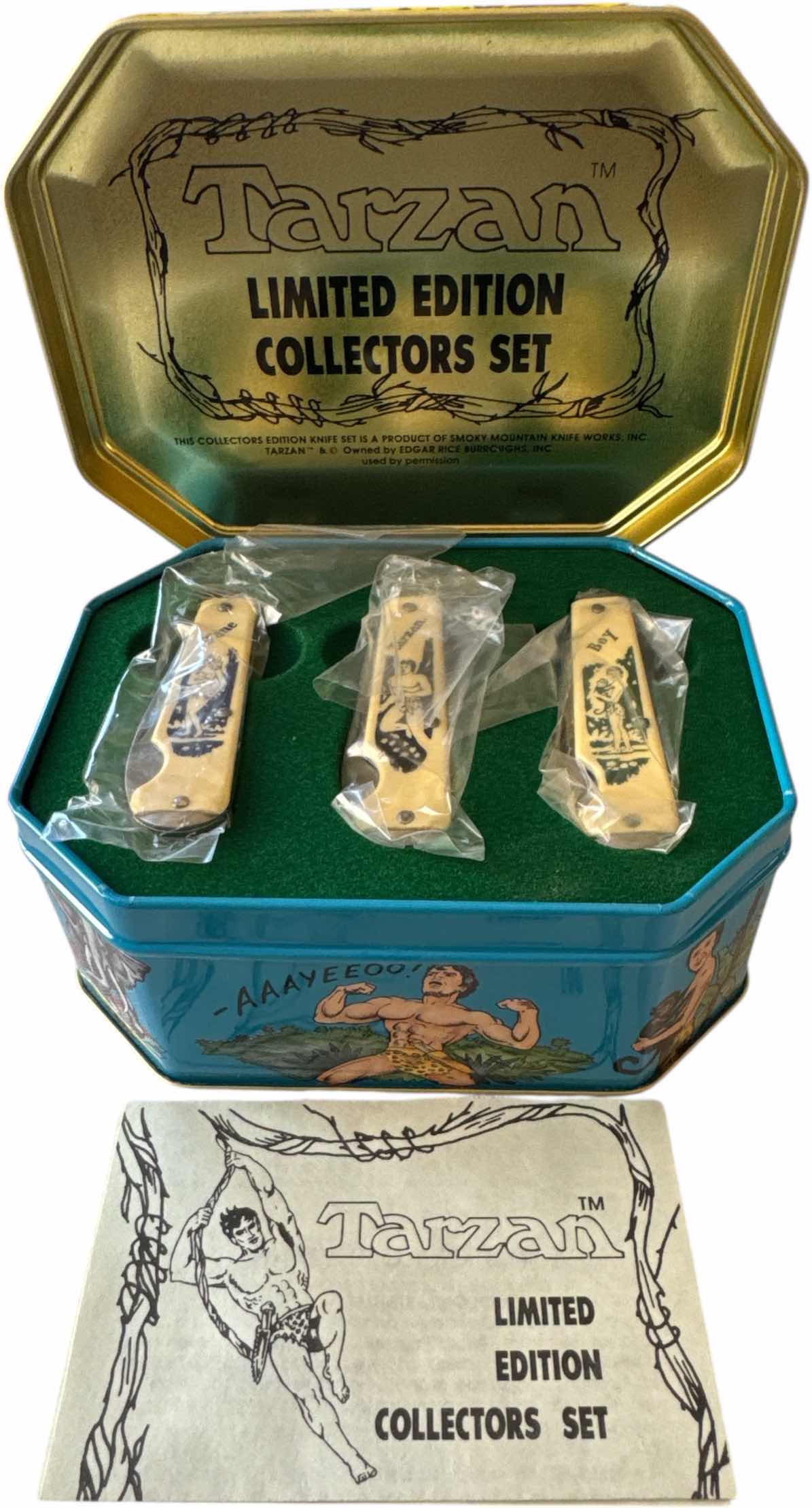 Photo 1 of VINTAGE TARZAN LIMITED EDITION COLLECTION SET, COLLECTORS EDITION KNIFE SET IS SMOKY MOUNTAIN KNIFE WORKS
BOX SIZE
5.5” X 2.5” X H4.5”