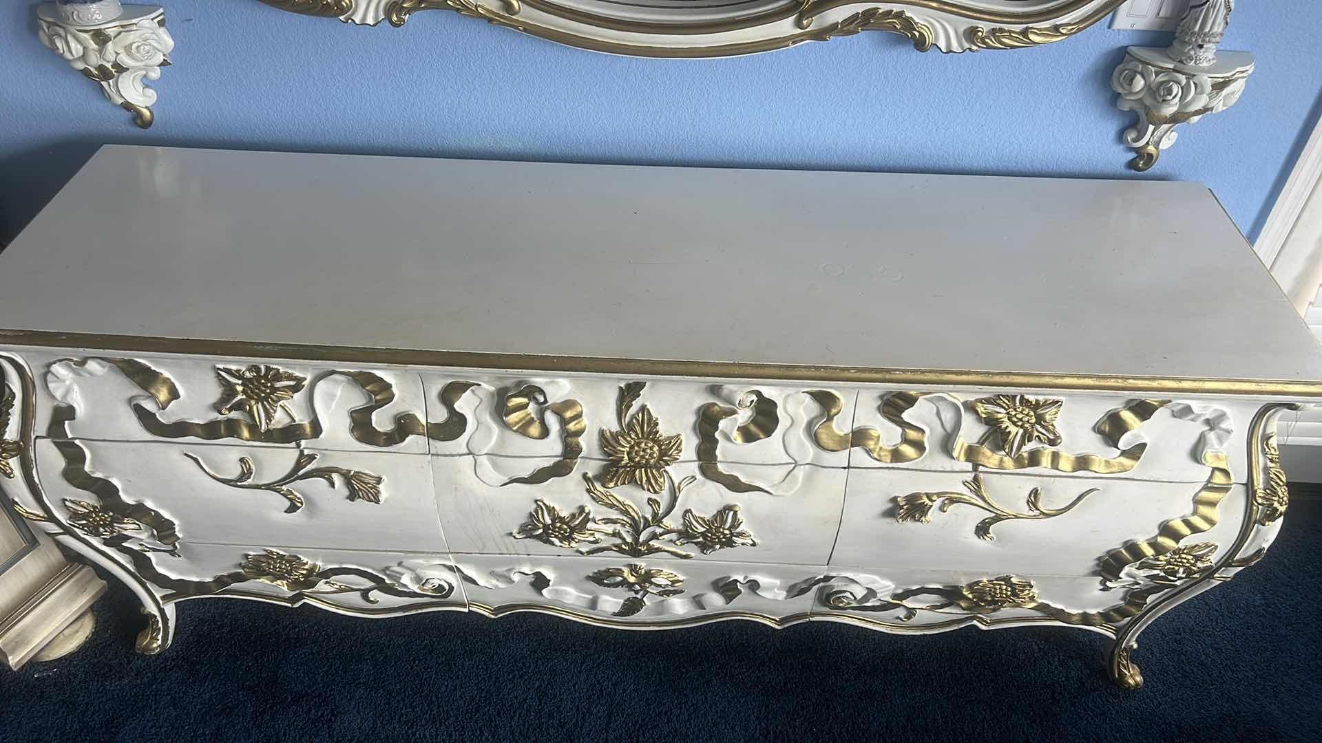 Photo 1 of ORNATE GOLD AND WHITE 9 DRAWER DRESSER 78“ x 21 1/2“ x H32 1/2“