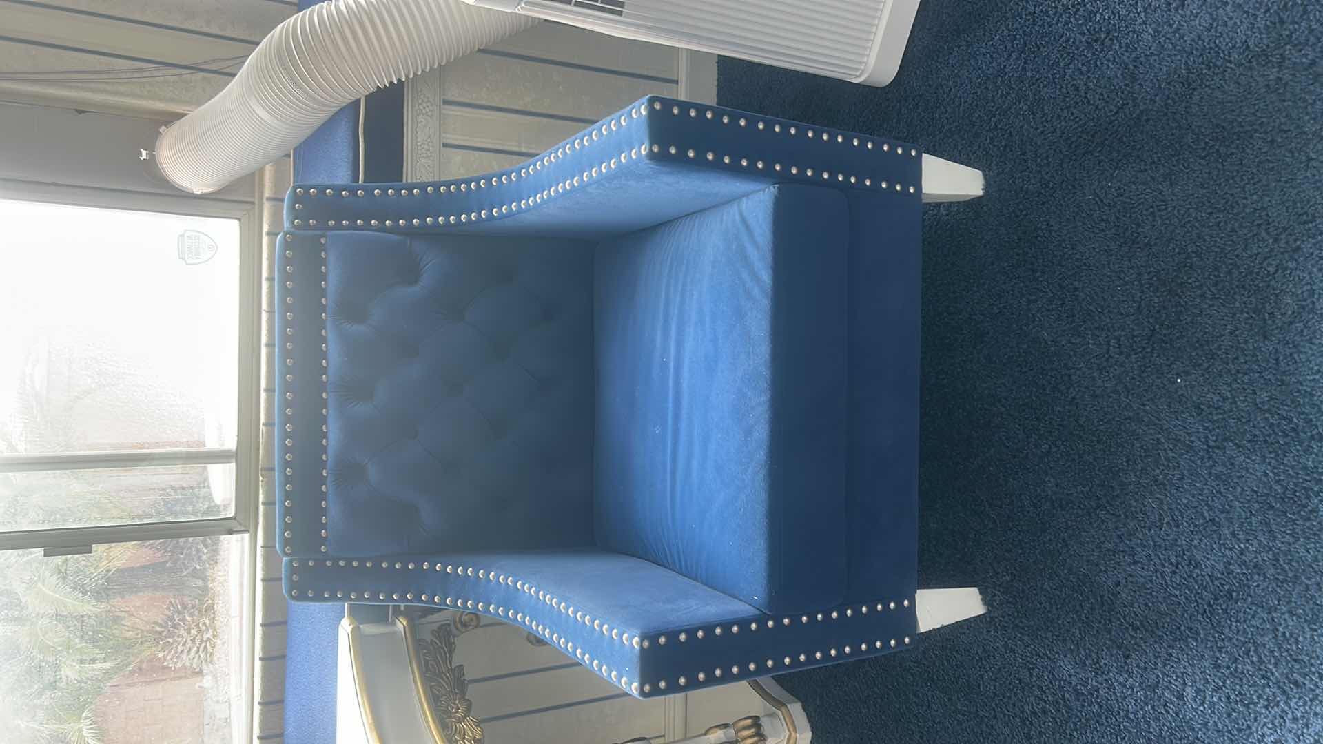 Photo 1 of FRONTGATE SOFT NAVY BLUE FABRIC CHAIR WITH SILVER NAIL HEAD ACCENTS H32.5”
