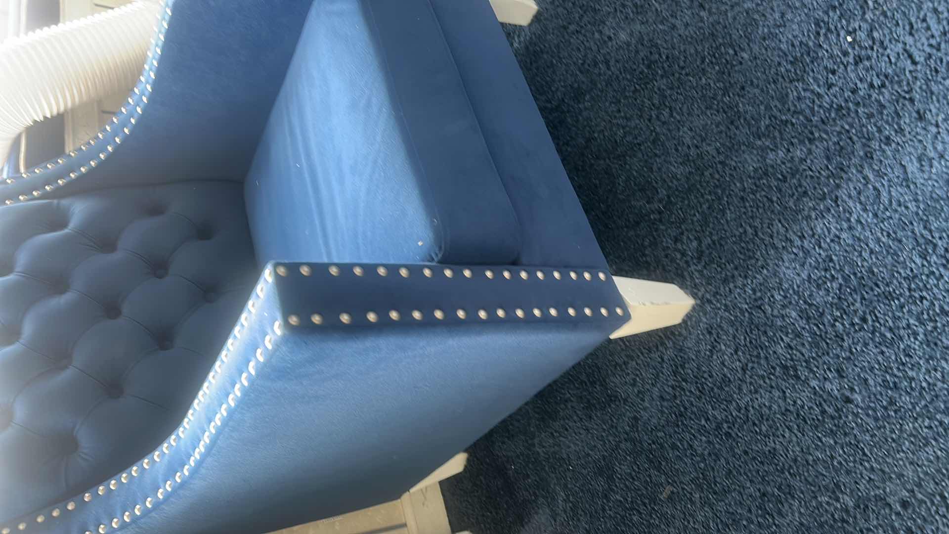 Photo 1 of FRONTGATE SOFT NAVY BLUE FABRIC CHAIR WITH SILVER NAIL HEAD ACCENTS H32.5”