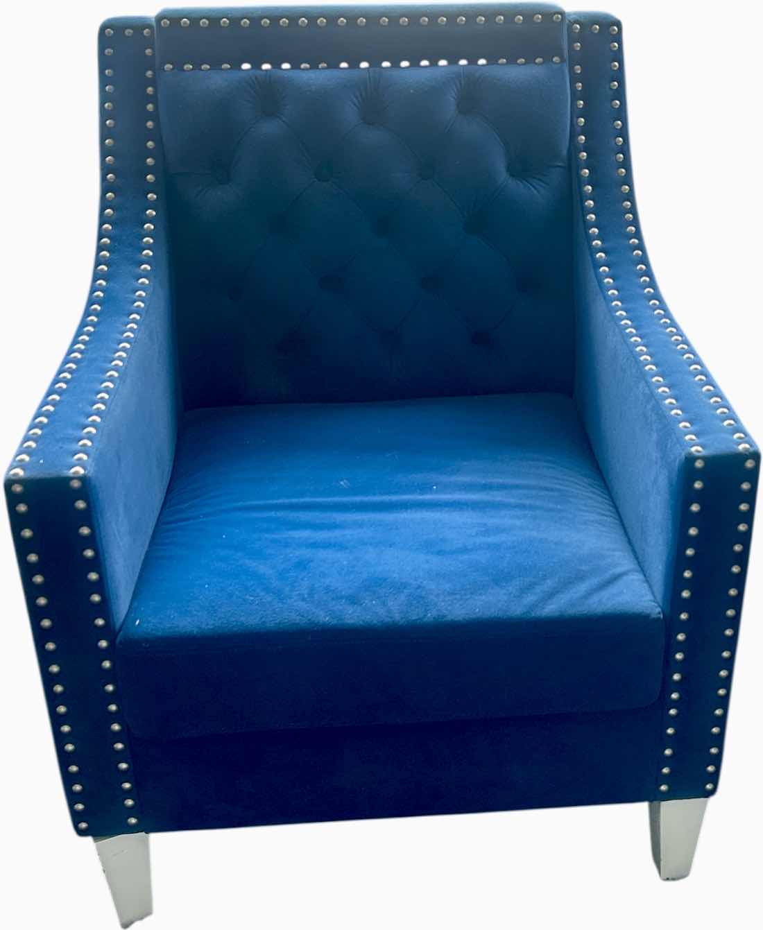 Photo 1 of FRONTGATE SOFT NAVY BLUE FABRIC CHAIR WITH SILVER NAIL HEAD ACCENTS H32.5”