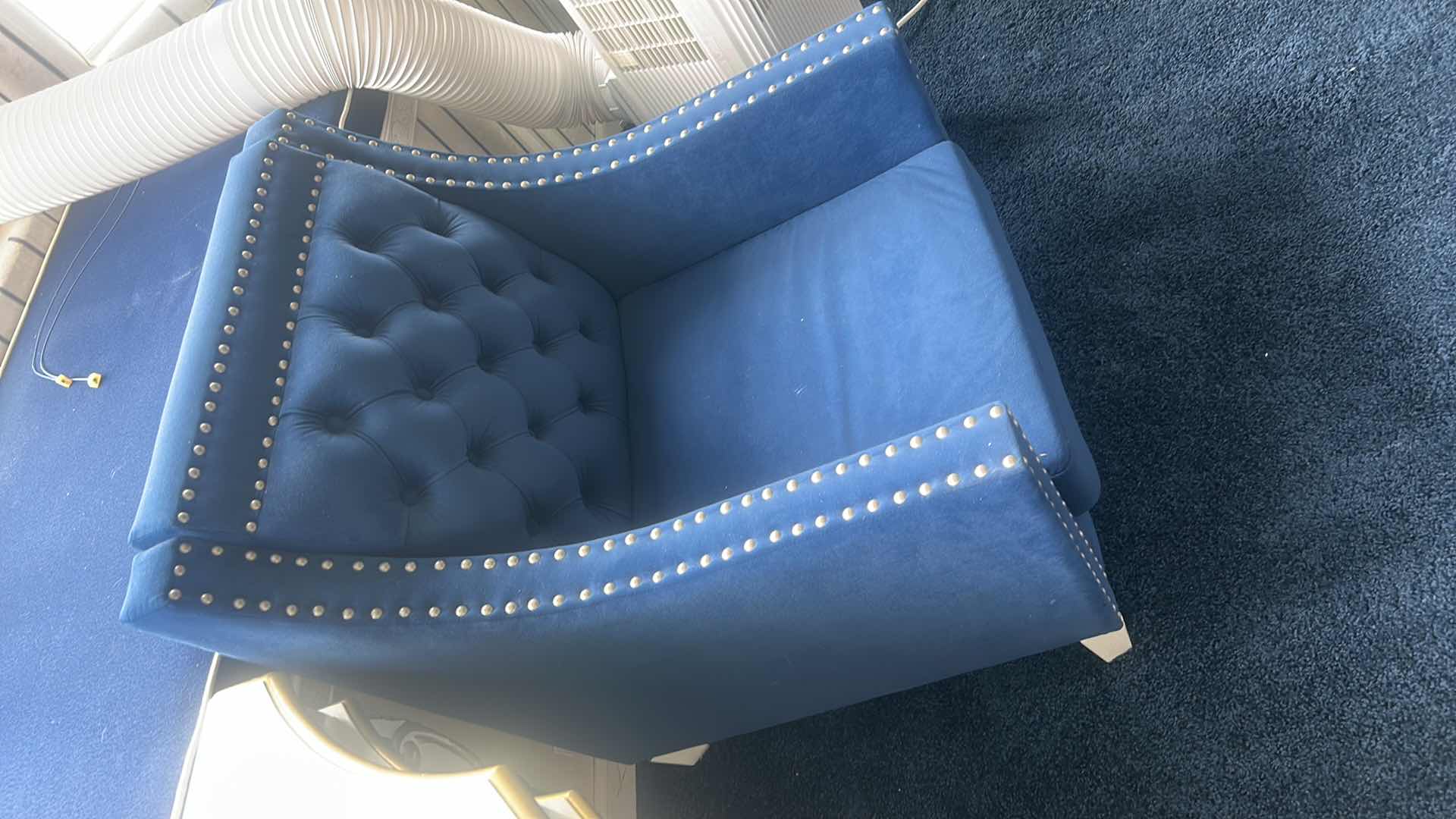 Photo 1 of FRONTGATE SOFT NAVY BLUE FABRIC CHAIR WITH SILVER NAIL HEAD ACCENTS H32.5”