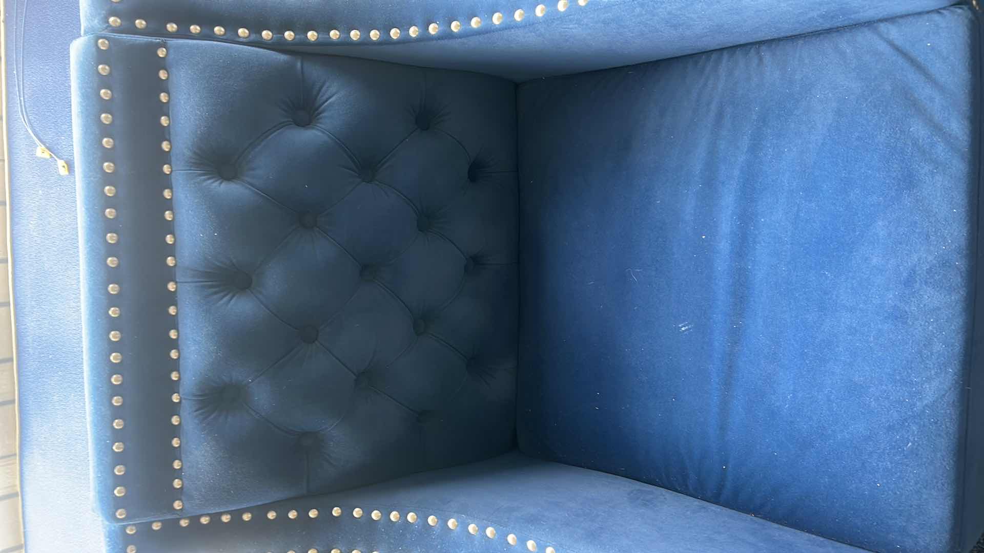 Photo 1 of FRONTGATE SOFT NAVY BLUE FABRIC CHAIR WITH SILVER NAIL HEAD ACCENTS H32.5”