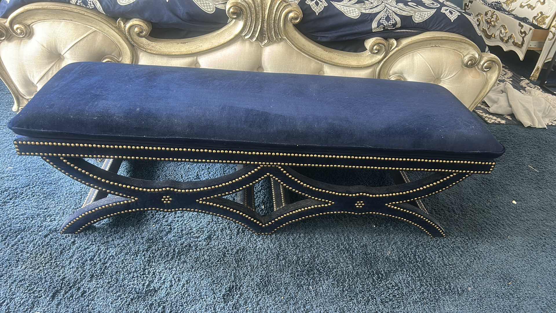 Photo 1 of FRONTGATE NAVY BLUE UPHOLSTERED BENCH WITH NAIL HEAD ACCENTS 61“ x 20“ x H18“