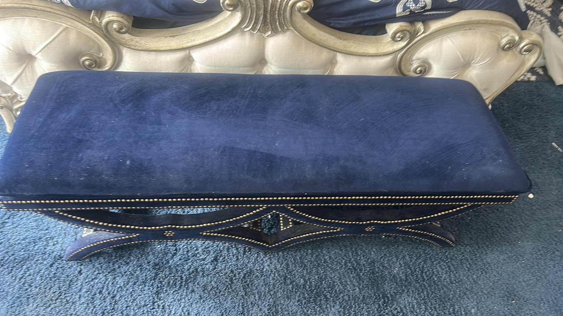 Photo 1 of FRONTGATE NAVY BLUE UPHOLSTERED BENCH WITH NAIL HEAD ACCENTS 61“ x 20“ x H18“
