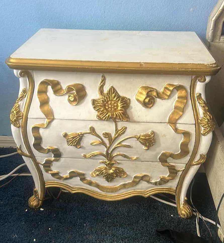 Photo 1 of GOLD AND WHITE 3 DRAWER NIGHTSTAND 27“ x 18 1/2“ x H24“