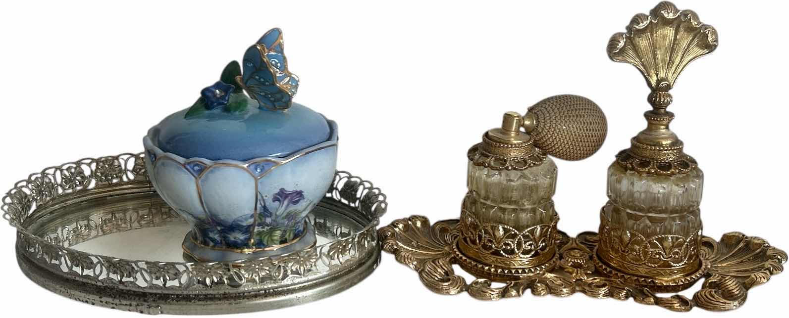 Photo 1 of VINTAGE COLLECTION- PERFUME BOTTLES, NUMBERED MUSIC BOX “WHISPERING WINGS” AND TRAY