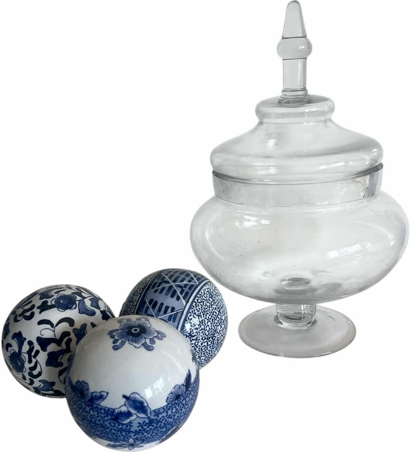 Photo 1 of GLASS LIDDED JAR H15” AND 3 DECORATIVE 5” PORCELAIN ORBS