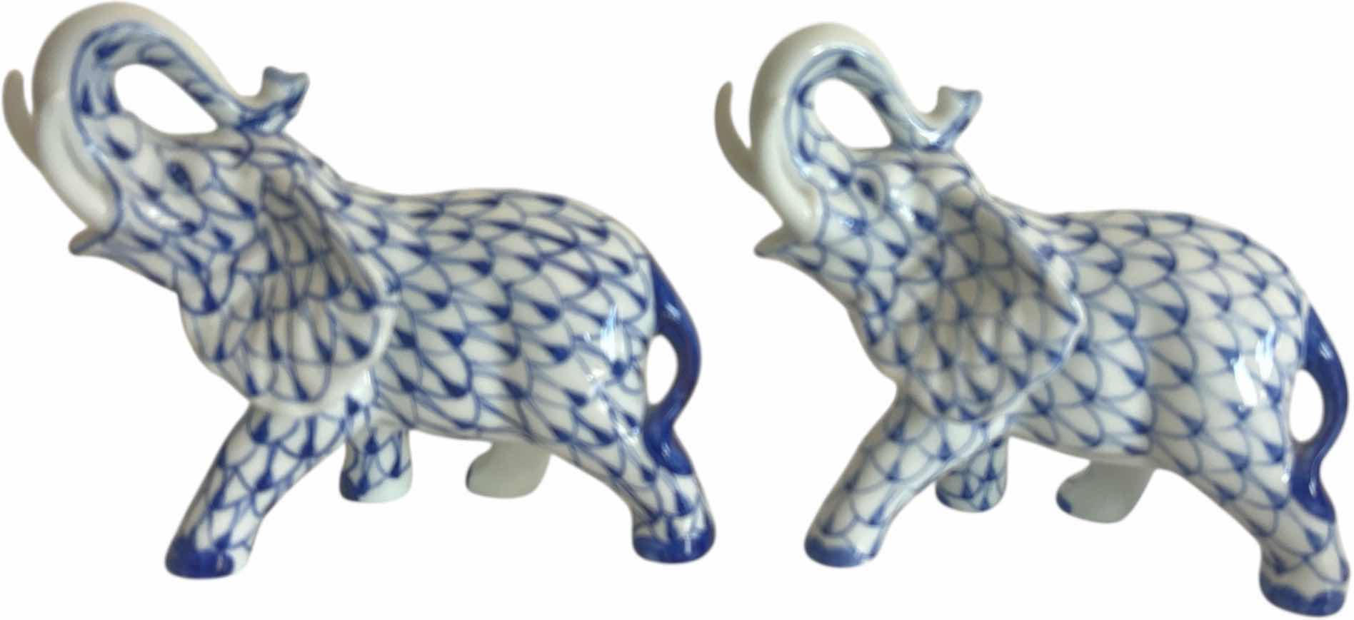 Photo 1 of 2 BLUE AND WHITE PORCELAIN ELEPHANTS H5.5”