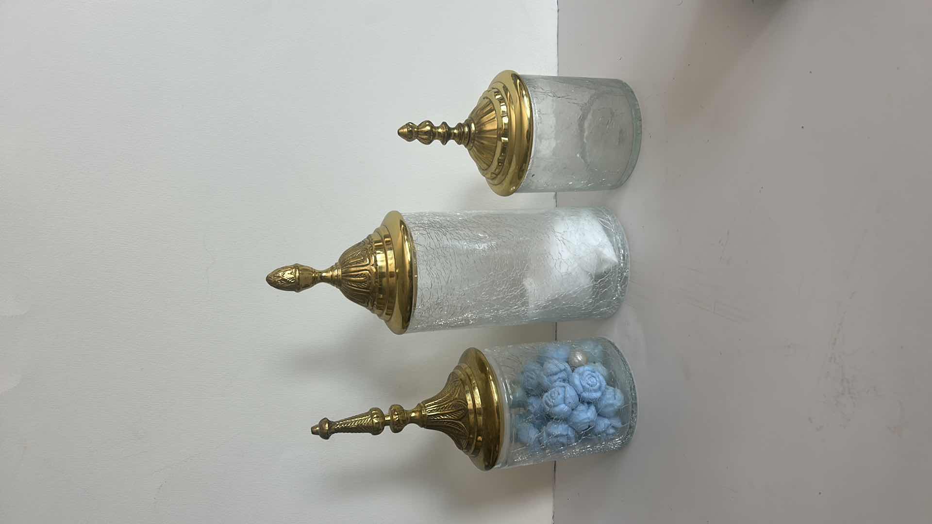 Photo 1 of 3 CRACKLE GLASS GOLD TOPPED CANISTERS (TALLEST H 11.5”)