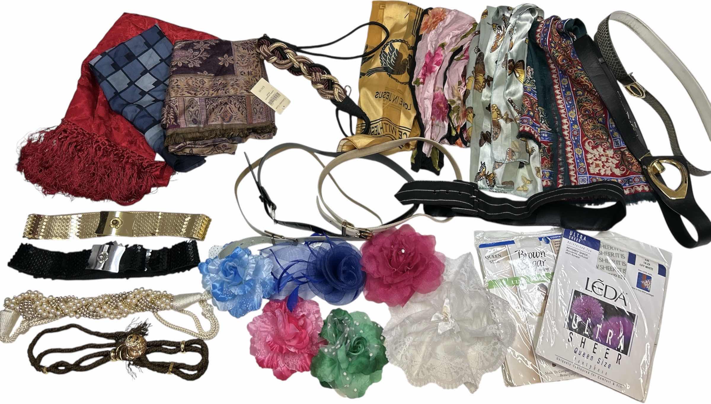 Photo 1 of WOMENS FASHION ACCESSORIES- BELTS, SCARVES, FLOWER CLIPS/PINS AND STOCKINGS