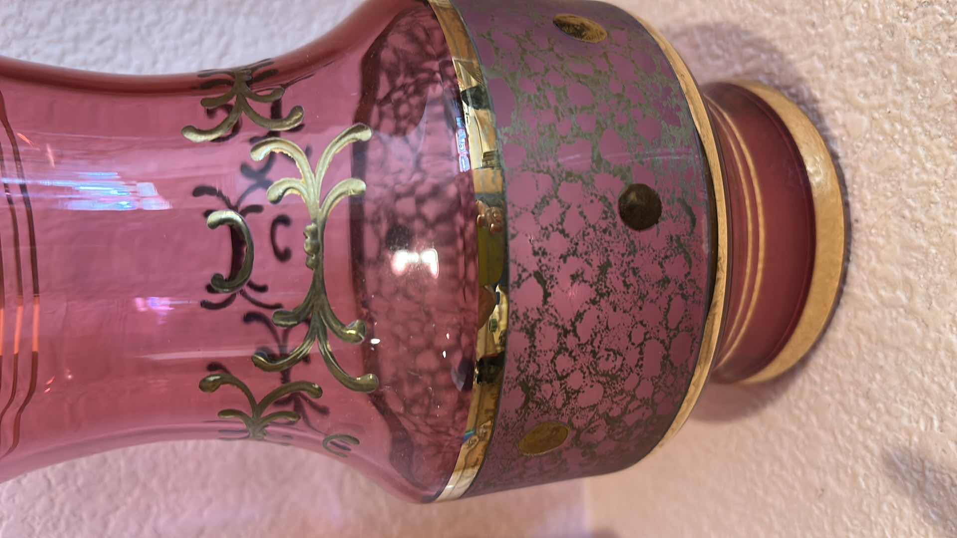 Photo 1 of ANTIQUE CRANBERRY GLASS ETCHED WITH GOLD VASE H10.5”