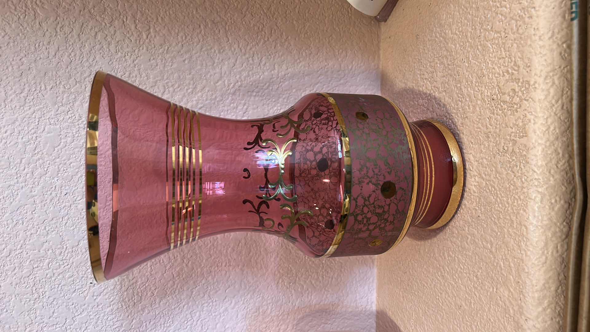 Photo 1 of ANTIQUE CRANBERRY GLASS ETCHED WITH GOLD VASE H10.5”