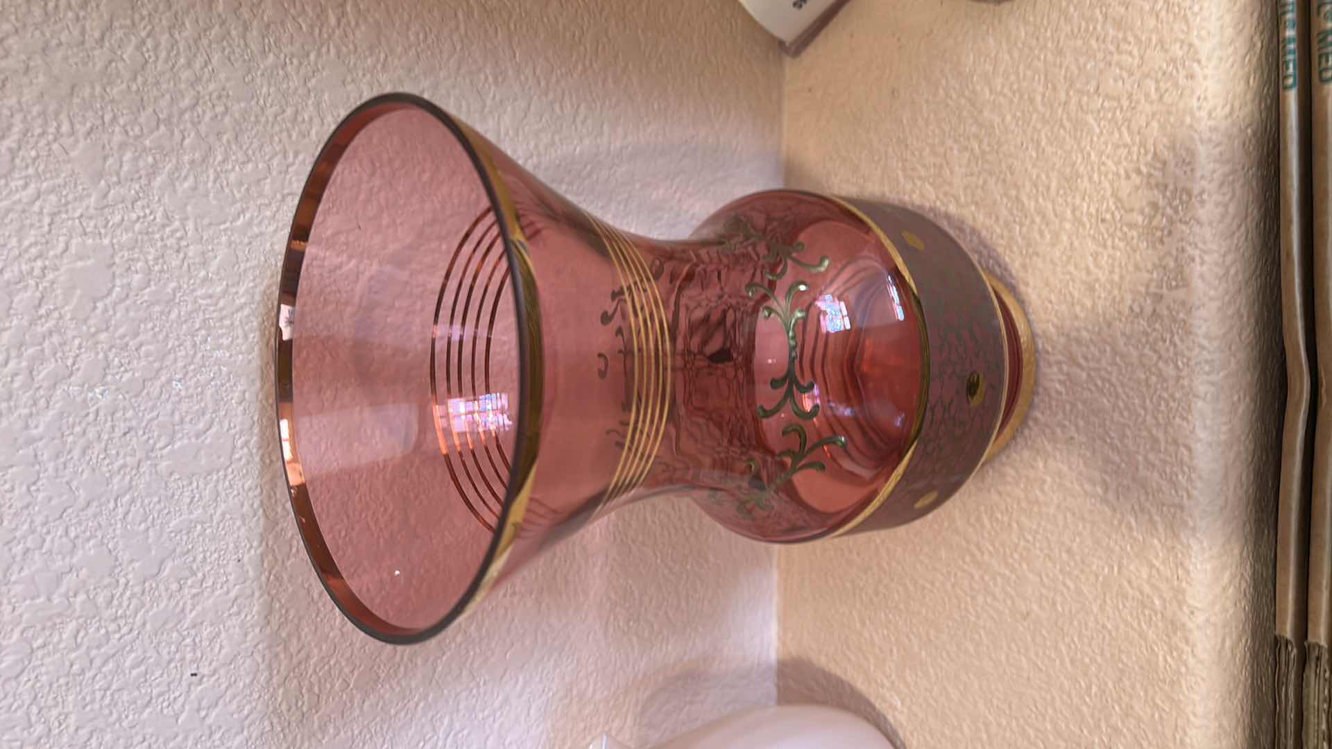 Photo 1 of ANTIQUE CRANBERRY GLASS ETCHED WITH GOLD VASE H10.5”