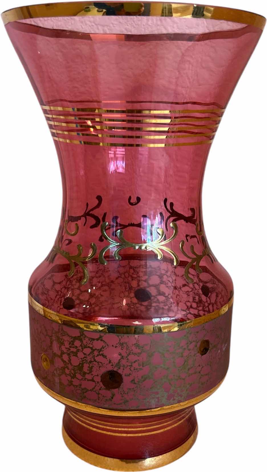 Photo 1 of ANTIQUE CRANBERRY GLASS ETCHED WITH GOLD VASE H10.5”
