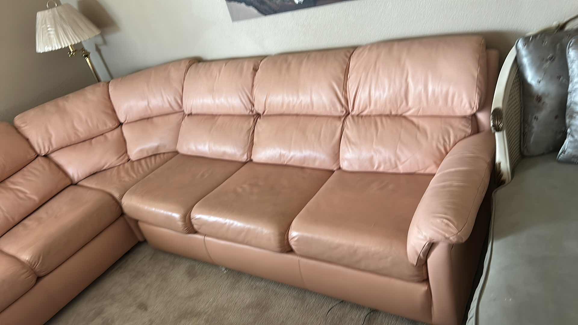 Photo 1 of VINTAGE 3PC LEATHER APRICOT SECTIONAL SOFA FROM THE LEATHER COMPANY 
APPROXIMATELY 7’ X 9’