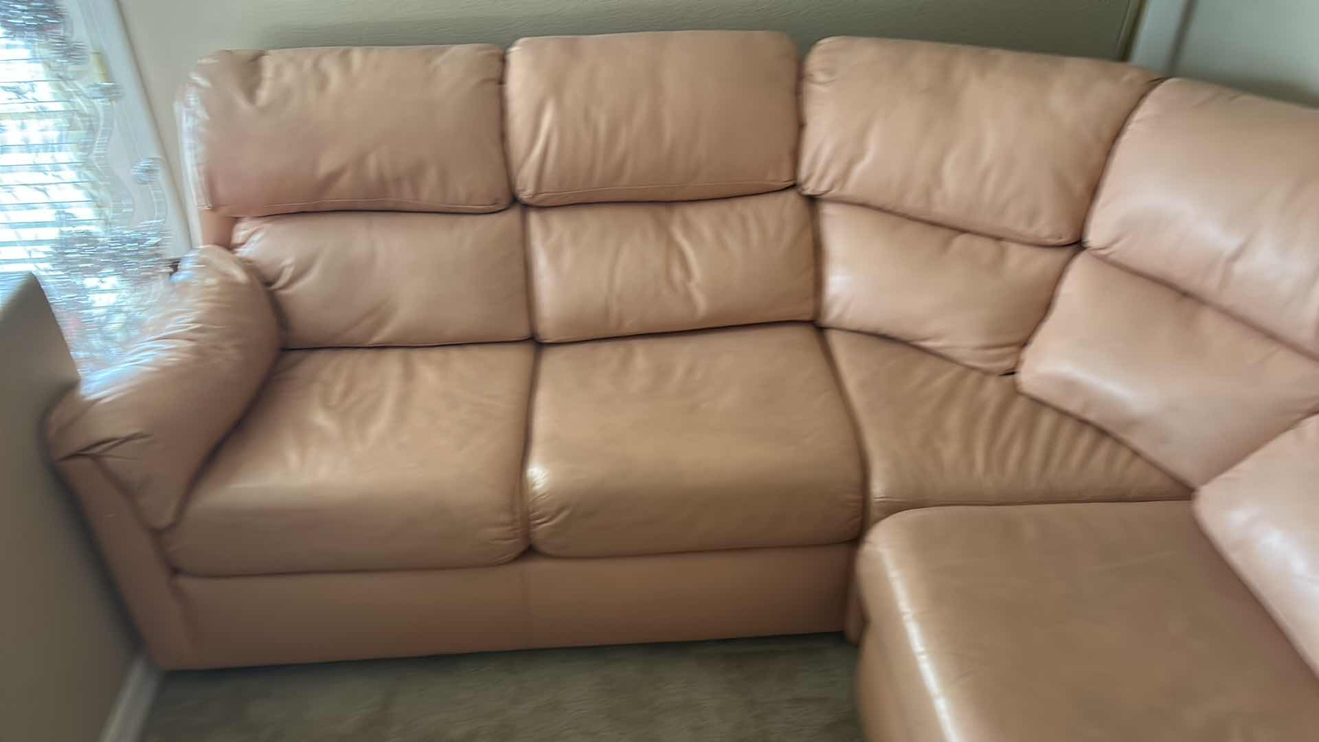Photo 1 of VINTAGE 3PC LEATHER APRICOT SECTIONAL SOFA FROM THE LEATHER COMPANY 
APPROXIMATELY 7’ X 9’