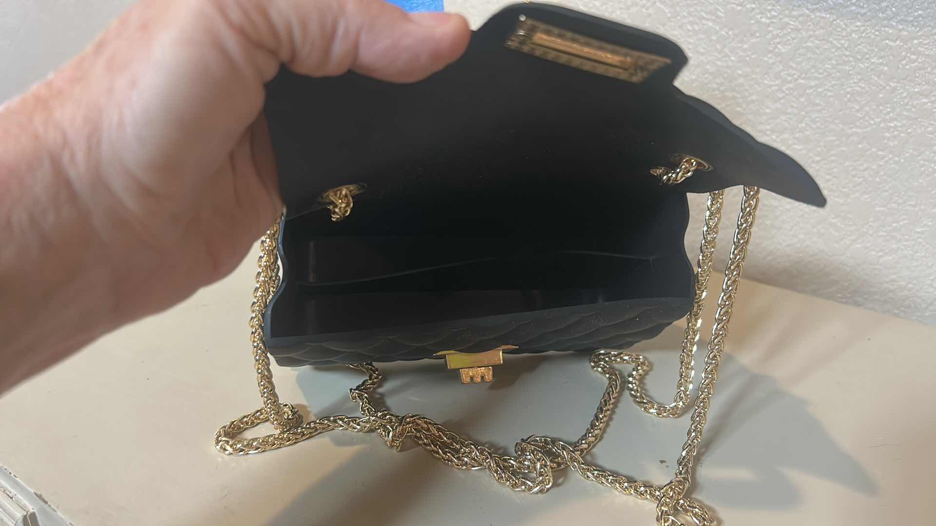 Photo 1 of SMALL BLACK HANDBAG WITH GOLD CHAIN 7” x 4 1/4”