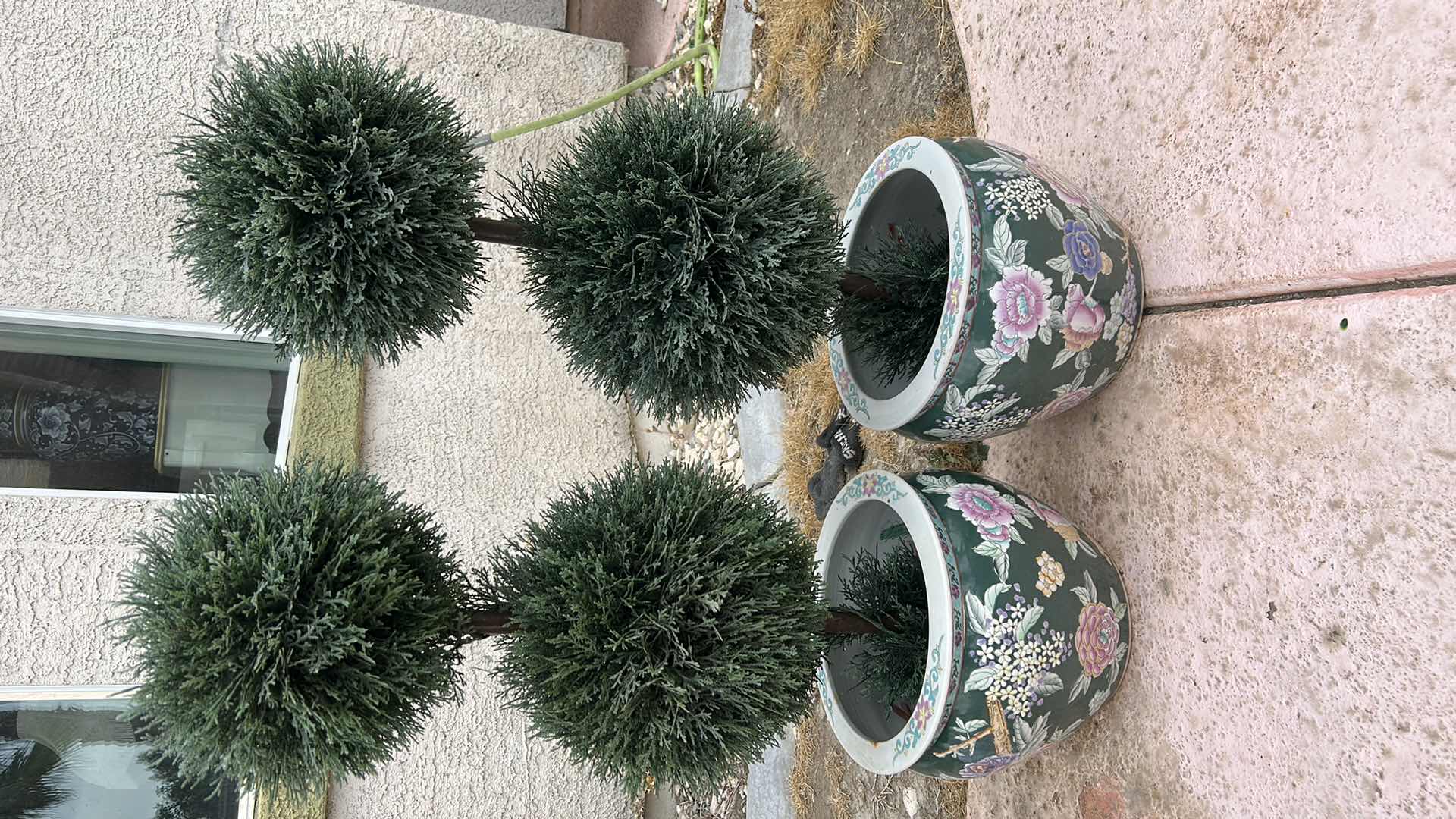 Photo 1 of 2 PORCELAIN POTS AND TWO FAUX PLANTS H37”